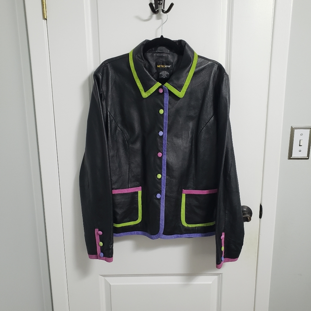 METROSTYLE Leather Jacket with Colorful Trim and Buttons